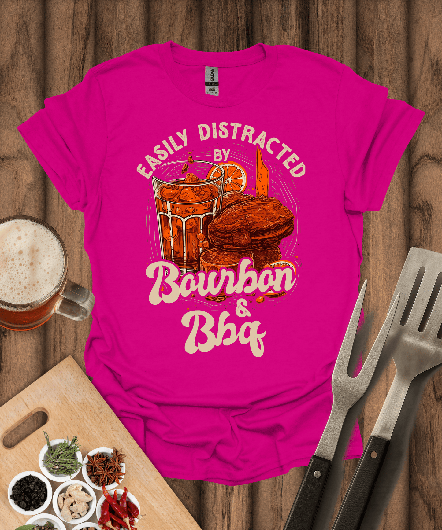 Printify T-Shirt Antique Heliconia / S Easily Distracted by Bourbon & BBQ T-Shirt