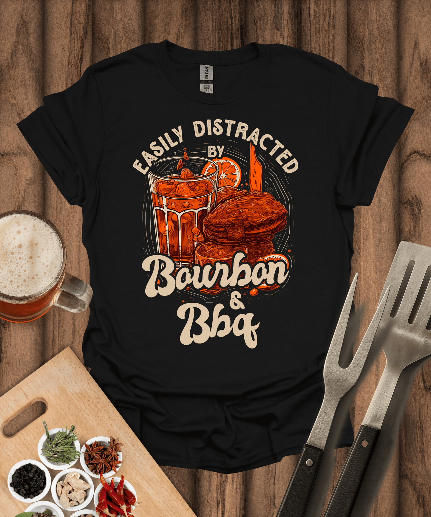 Printify T-Shirt Black / S Easily Distracted by Bourbon & BBQ T-Shirt