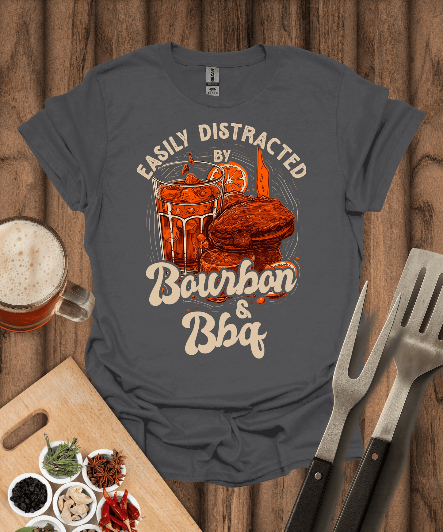 Printify T-Shirt Charcoal / S Easily Distracted by Bourbon & BBQ T-Shirt