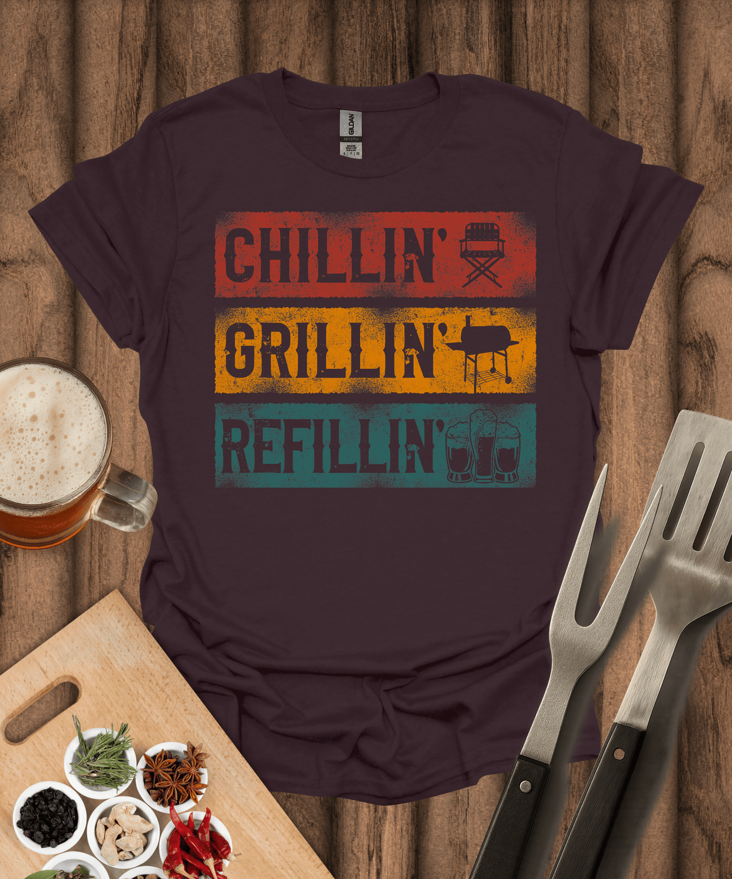 Printify T-Shirt Dark Chocolate / S Chillin' Grilling Refillin' T-Shirt