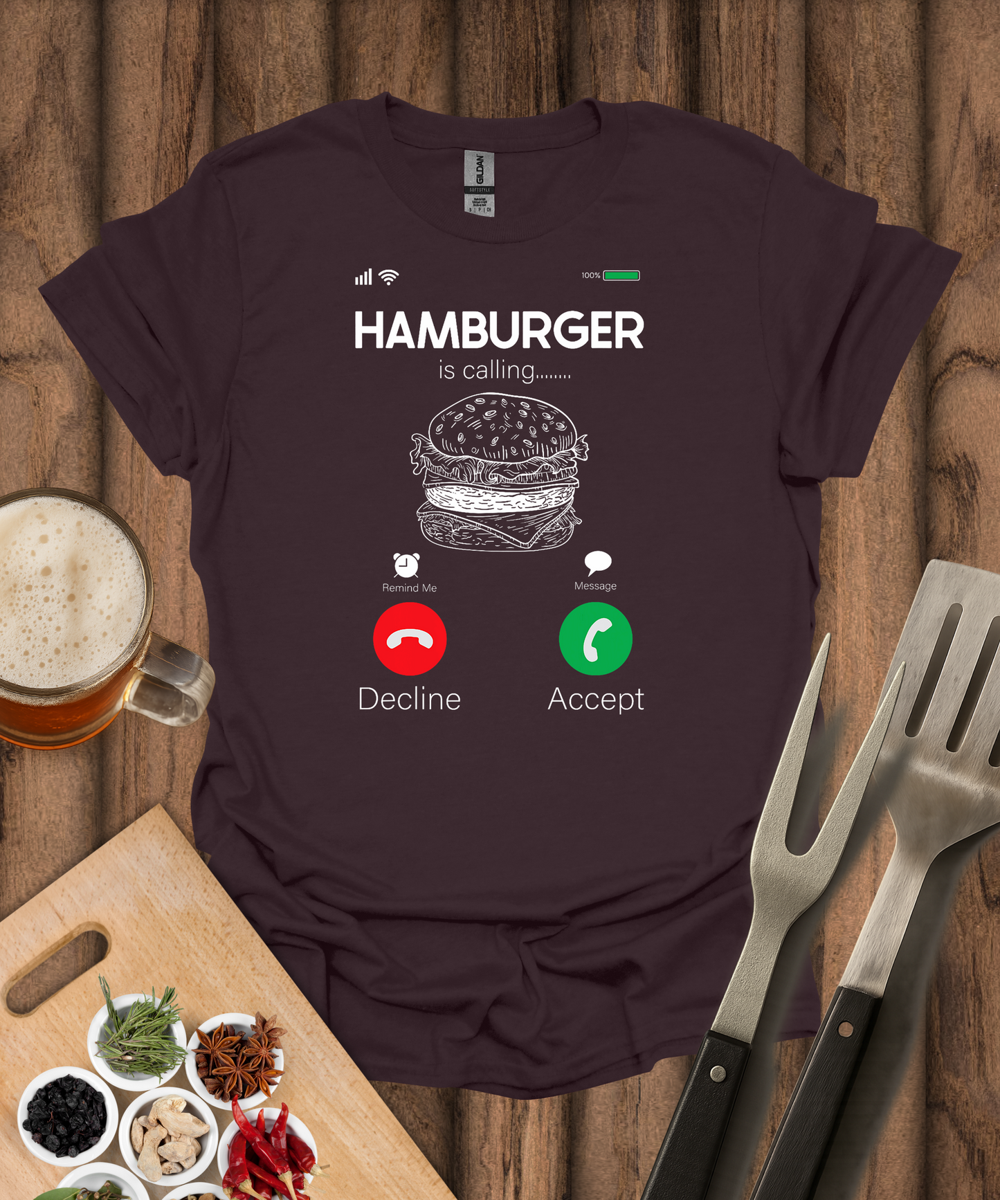 Printify T-Shirt Dark Chocolate / S Hamburger Is Calling T-Shirt