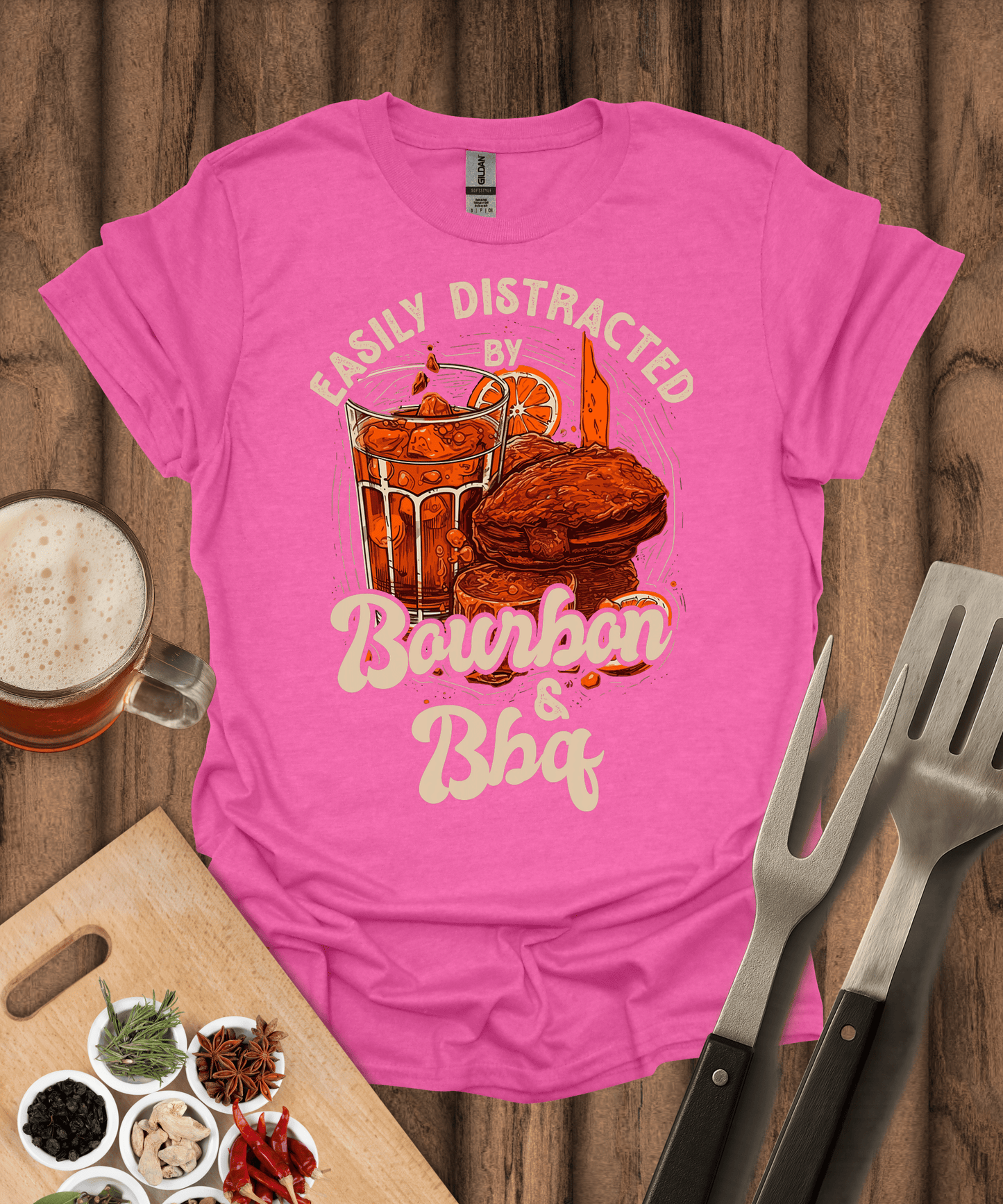 Printify T-Shirt Heather Heliconia / S Easily Distracted by Bourbon & BBQ T-Shirt