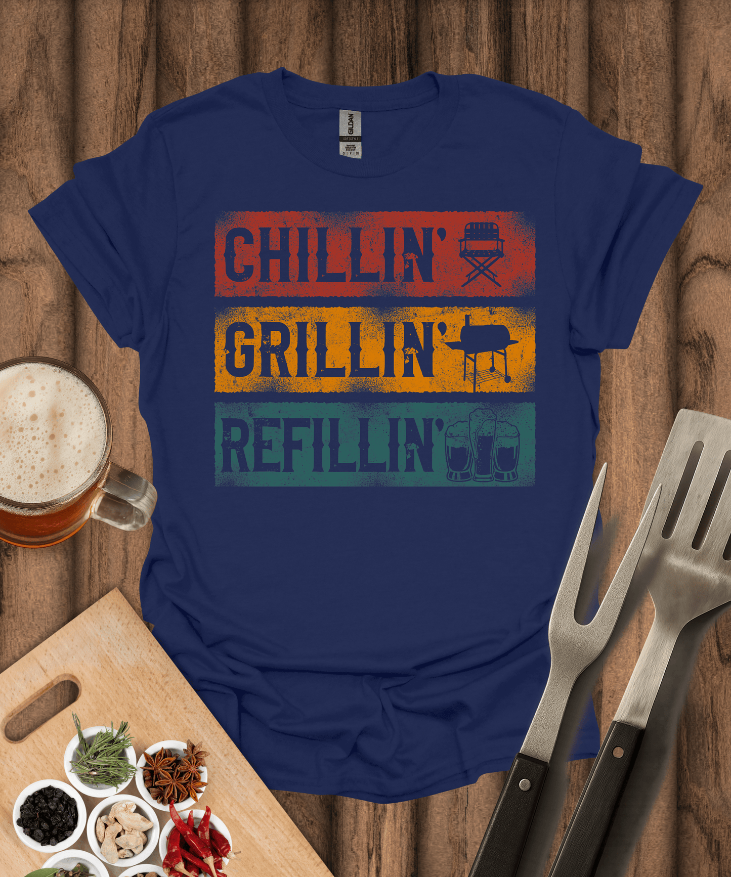 Printify T-Shirt Navy / S Chillin' Grilling Refillin' T-Shirt