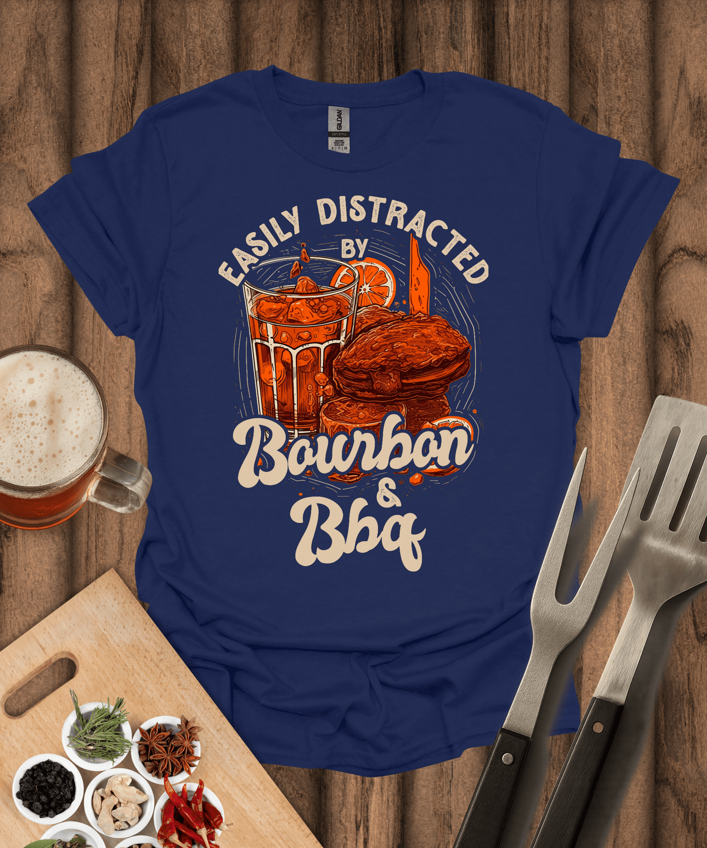 Printify T-Shirt Navy / S Easily Distracted by Bourbon & BBQ T-Shirt