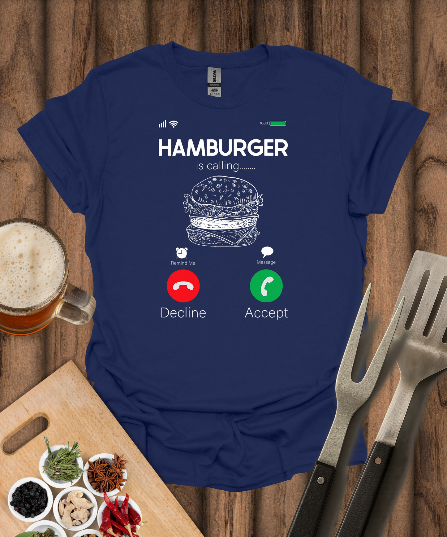 Printify T-Shirt Navy / S Hamburger Is Calling T-Shirt