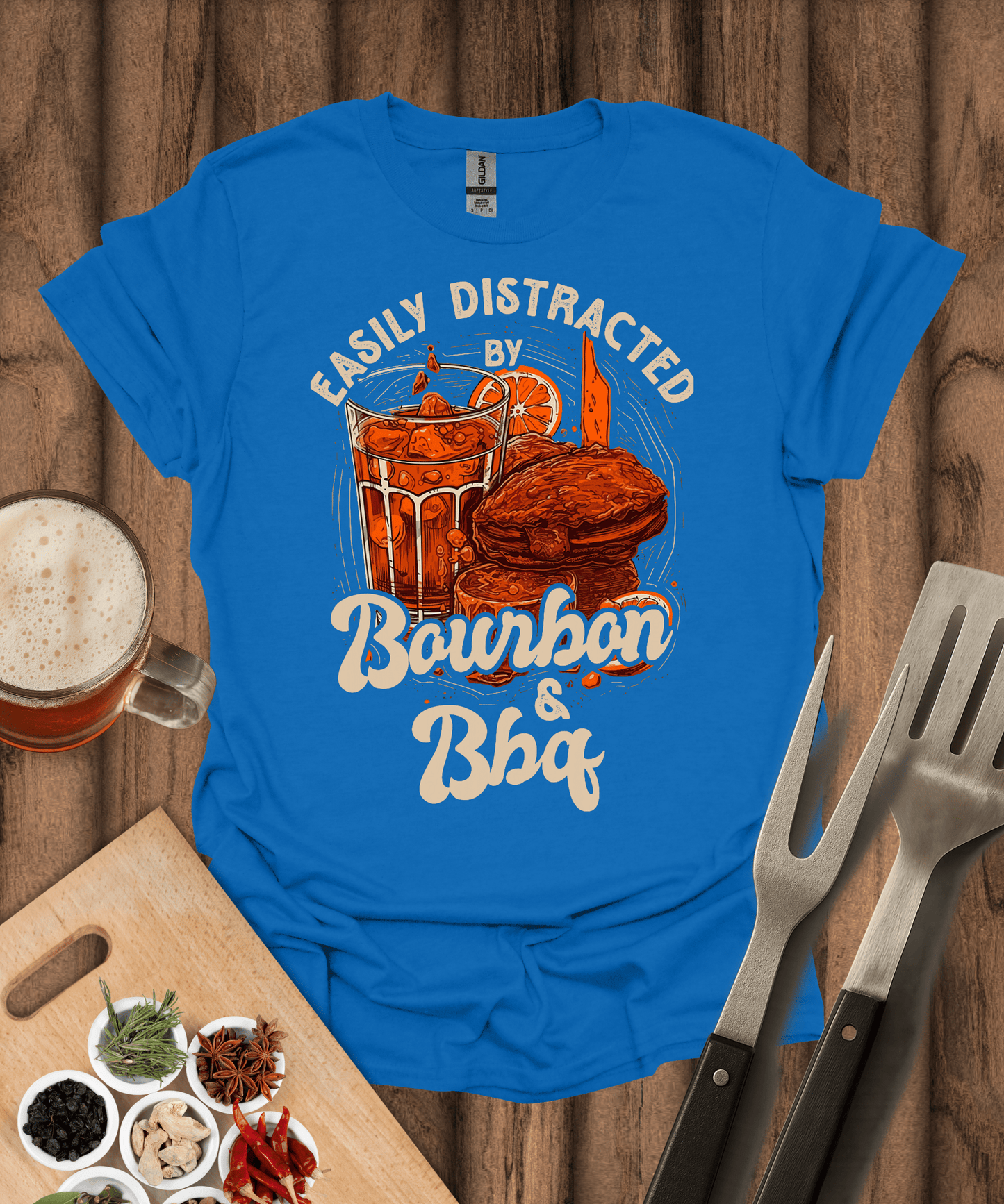 Printify T-Shirt Royal / S Easily Distracted by Bourbon & BBQ T-Shirt