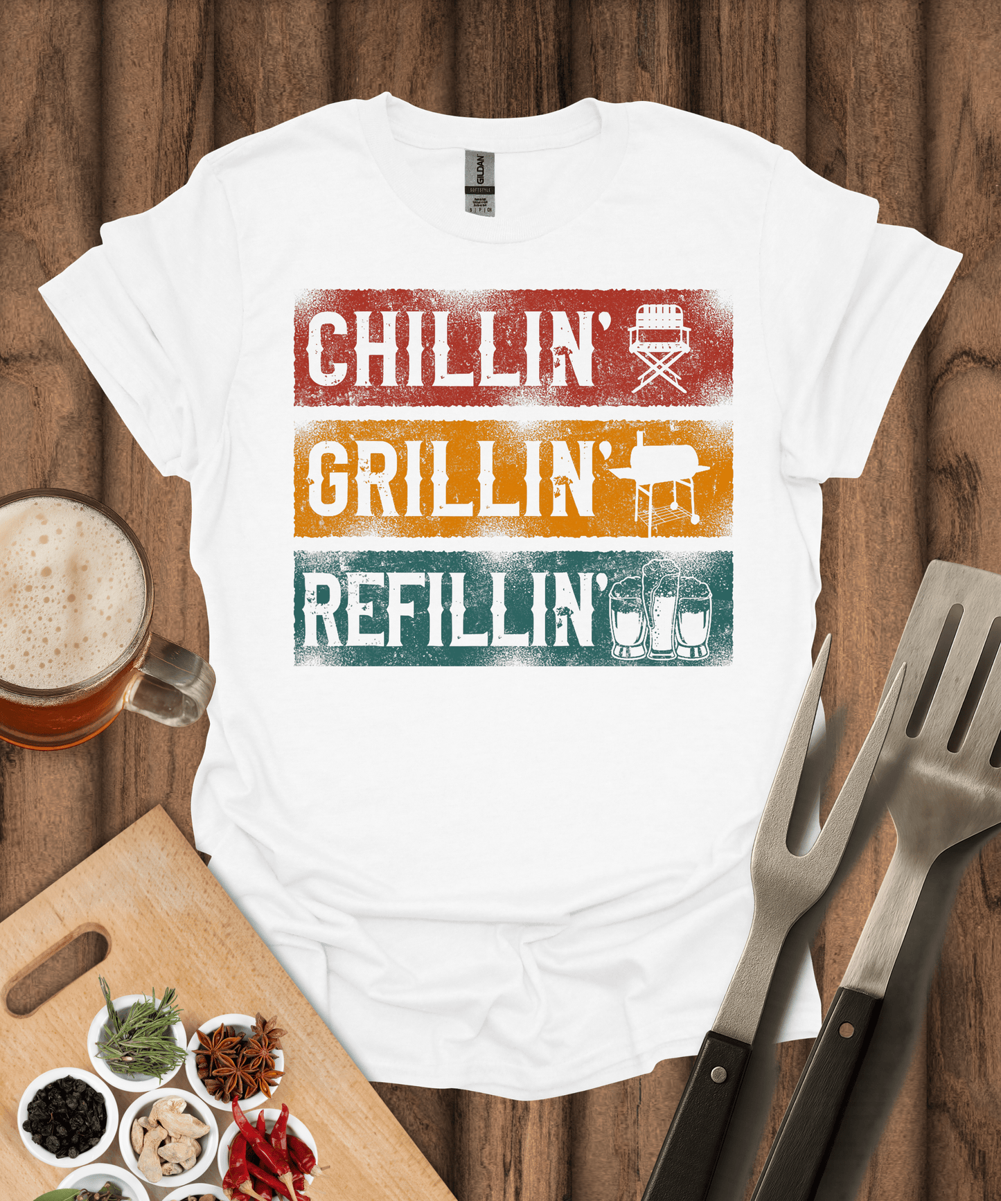 Printify T-Shirt White / S Chillin' Grilling Refillin' T-Shirt